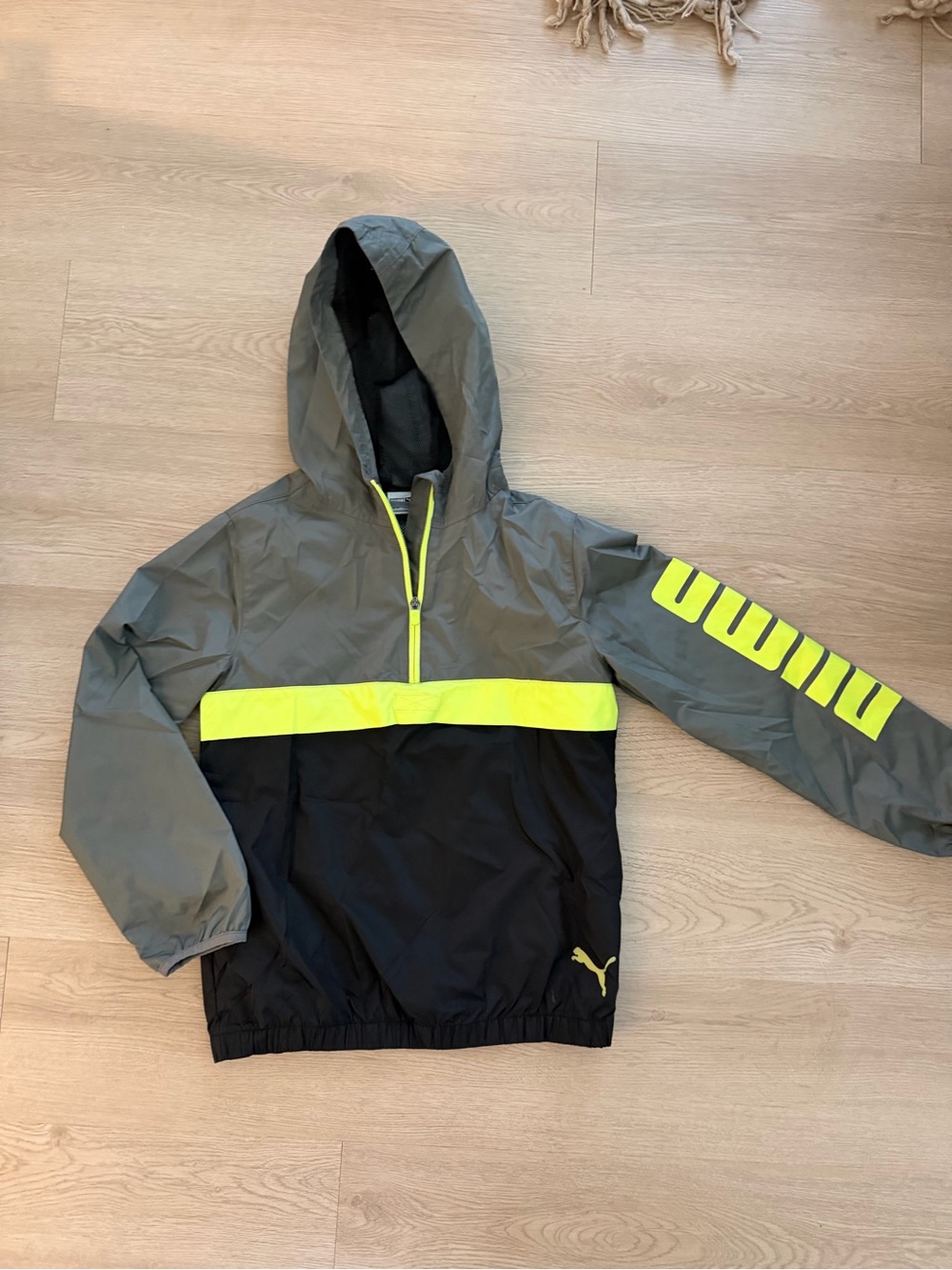 Puma Gray & Black Hooded Pullover with Neon Yellow Accents